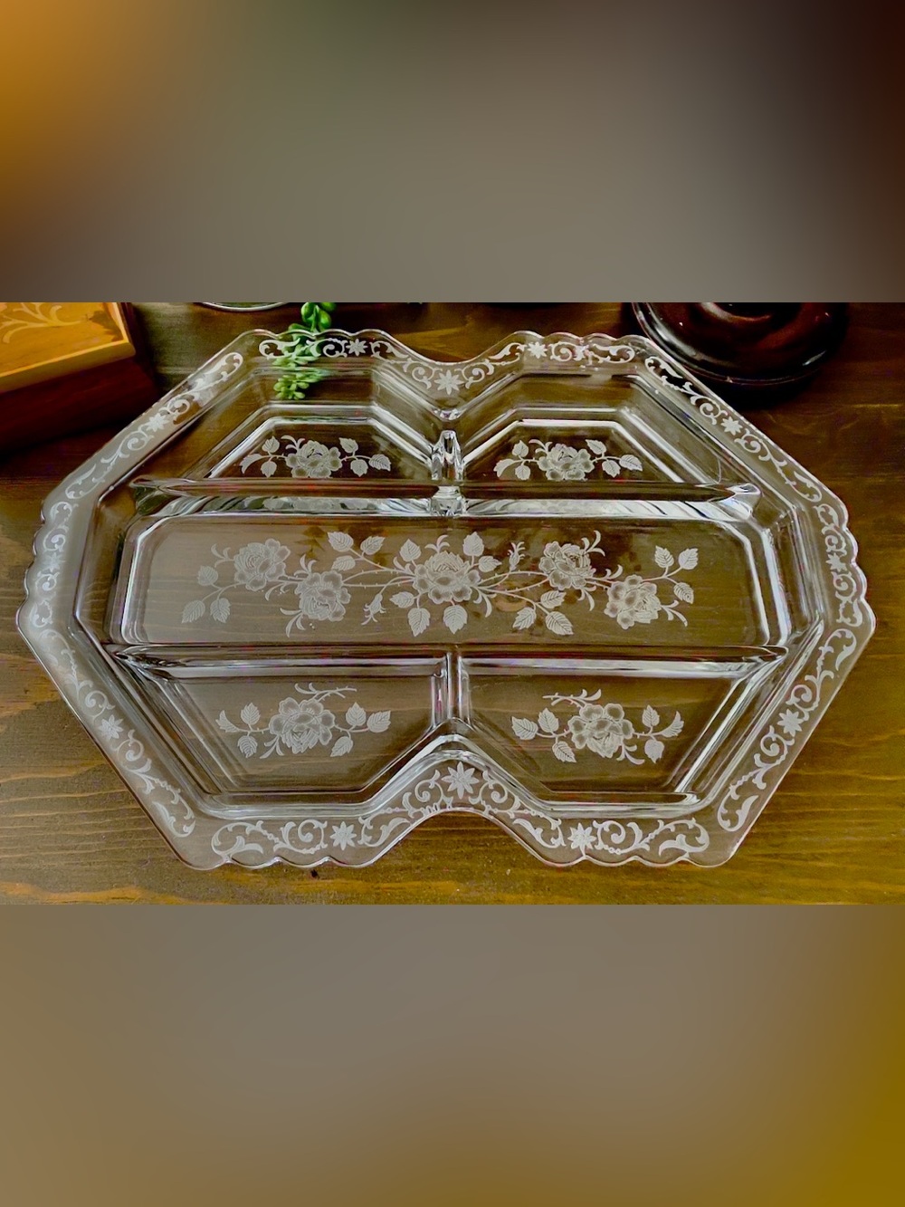 Fostoria Midnight Rose Divided Elegant Glass Platter